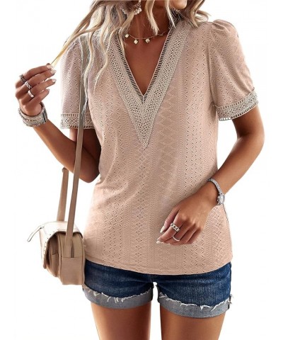 Women's Summer Dressy Tops Casual Guipure Lace Blouses Short Sleeve V Neck Eyelet Slim Fit Hollow T-Shirts Apricot $12.18 T-S...