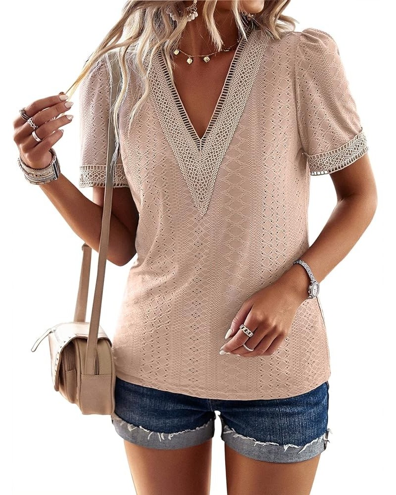 Women's Summer Dressy Tops Casual Guipure Lace Blouses Short Sleeve V Neck Eyelet Slim Fit Hollow T-Shirts Apricot $12.18 T-S...