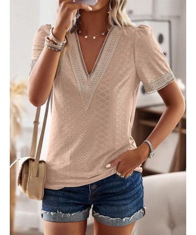 Women's Summer Dressy Tops Casual Guipure Lace Blouses Short Sleeve V Neck Eyelet Slim Fit Hollow T-Shirts Apricot $12.18 T-S...