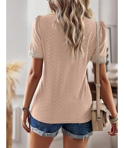 Women's Summer Dressy Tops Casual Guipure Lace Blouses Short Sleeve V Neck Eyelet Slim Fit Hollow T-Shirts Apricot $12.18 T-S...