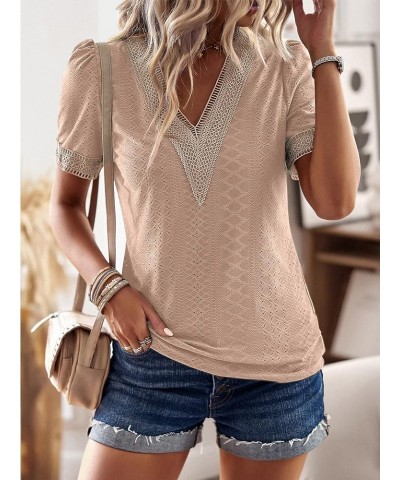 Women's Summer Dressy Tops Casual Guipure Lace Blouses Short Sleeve V Neck Eyelet Slim Fit Hollow T-Shirts Apricot $12.18 T-S...