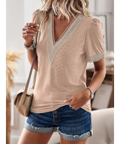 Women's Summer Dressy Tops Casual Guipure Lace Blouses Short Sleeve V Neck Eyelet Slim Fit Hollow T-Shirts Apricot $12.18 T-S...