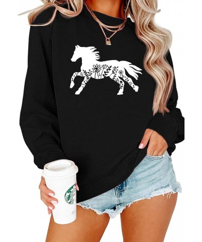 HORSE FLOWER Printed - Womens Sweatshirt Casual Crewneck Loose Pullover Tops Long Sleeve Graphic Tee Shirt Black $7.23 Hoodie...