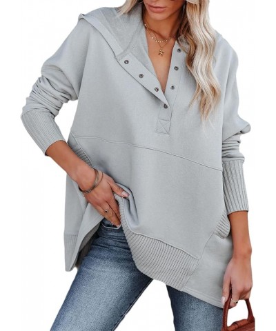 Women's Oversized Sweatshirts Casual Button V Neck Long Sleeve Hoodie Fall Fashion Hooded Pullover with Thumb Hole Light Grey...