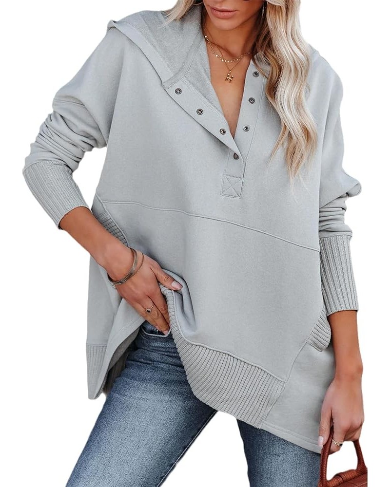 Women's Oversized Sweatshirts Casual Button V Neck Long Sleeve Hoodie Fall Fashion Hooded Pullover with Thumb Hole Light Grey...