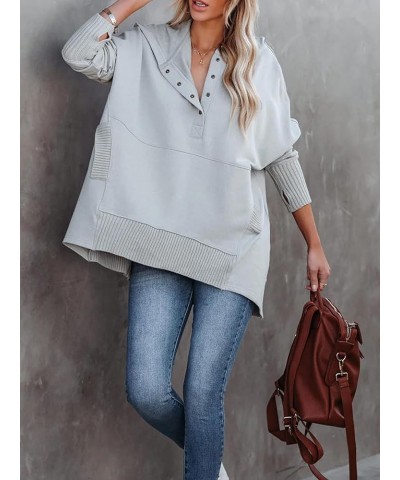 Women's Oversized Sweatshirts Casual Button V Neck Long Sleeve Hoodie Fall Fashion Hooded Pullover with Thumb Hole Light Grey...