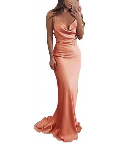 Satin Mermaid Long Bridesmaid Dresses Cowl Neck Formal Party Dress Spaghetti Straps Backless Evening Gown Peach $28.59 Dresses