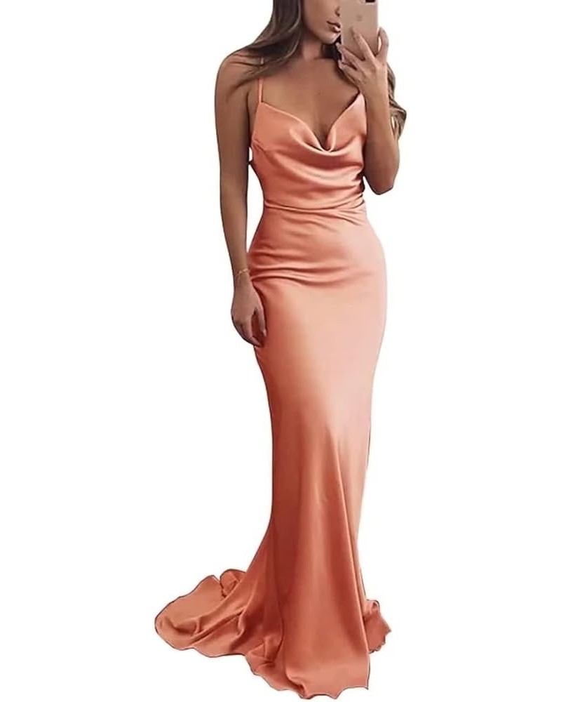 Satin Mermaid Long Bridesmaid Dresses Cowl Neck Formal Party Dress Spaghetti Straps Backless Evening Gown Peach $28.59 Dresses