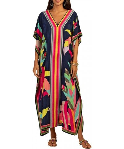 Women Plus Size Kaftan Dress Swimsuit Cover Up Caftan Maxi Beach Dresses C-dark Navy $15.05 Swimsuits