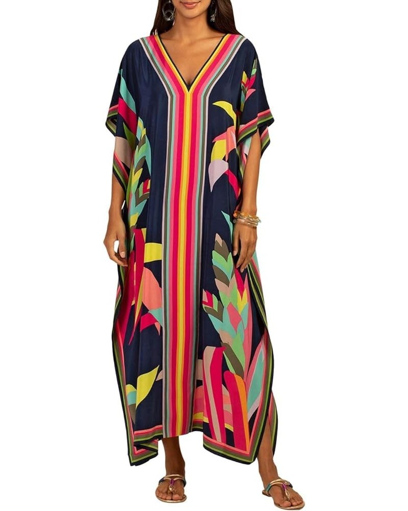 Women Plus Size Kaftan Dress Swimsuit Cover Up Caftan Maxi Beach Dresses C-dark Navy $15.05 Swimsuits