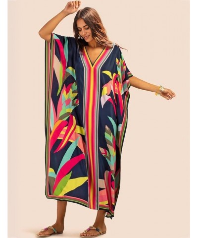 Women Plus Size Kaftan Dress Swimsuit Cover Up Caftan Maxi Beach Dresses C-dark Navy $15.05 Swimsuits