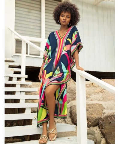 Women Plus Size Kaftan Dress Swimsuit Cover Up Caftan Maxi Beach Dresses C-dark Navy $15.05 Swimsuits