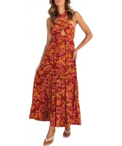 Women Summer Criss Cross Halter Neck Dress Floral Sleeveless Cut Out Dress Backless Flowy A Line Maxi Dress Halter Dark Red $...