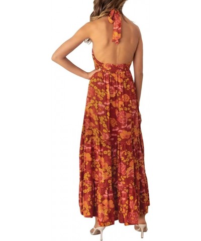 Women Summer Criss Cross Halter Neck Dress Floral Sleeveless Cut Out Dress Backless Flowy A Line Maxi Dress Halter Dark Red $...