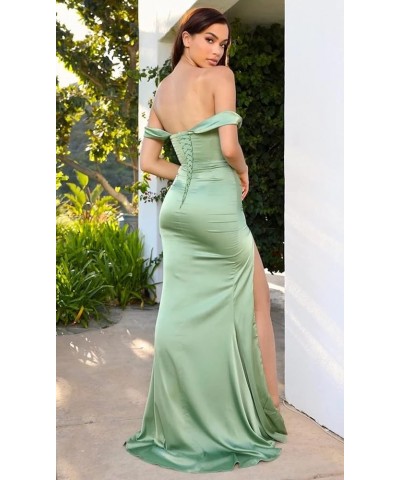 Satin Bridesmaid Dresses Long Off The Shoulder Mermaid Cowl Neck Bodycon Formal Prom Dress with Slit Sage Green $35.09 Dresses