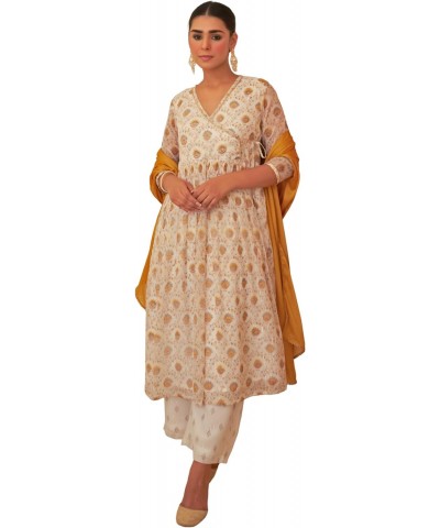 Indian Women's White Chiffon Lurex Floral Printed Kurta with Palazzo and Dupatta $24.80 Tops