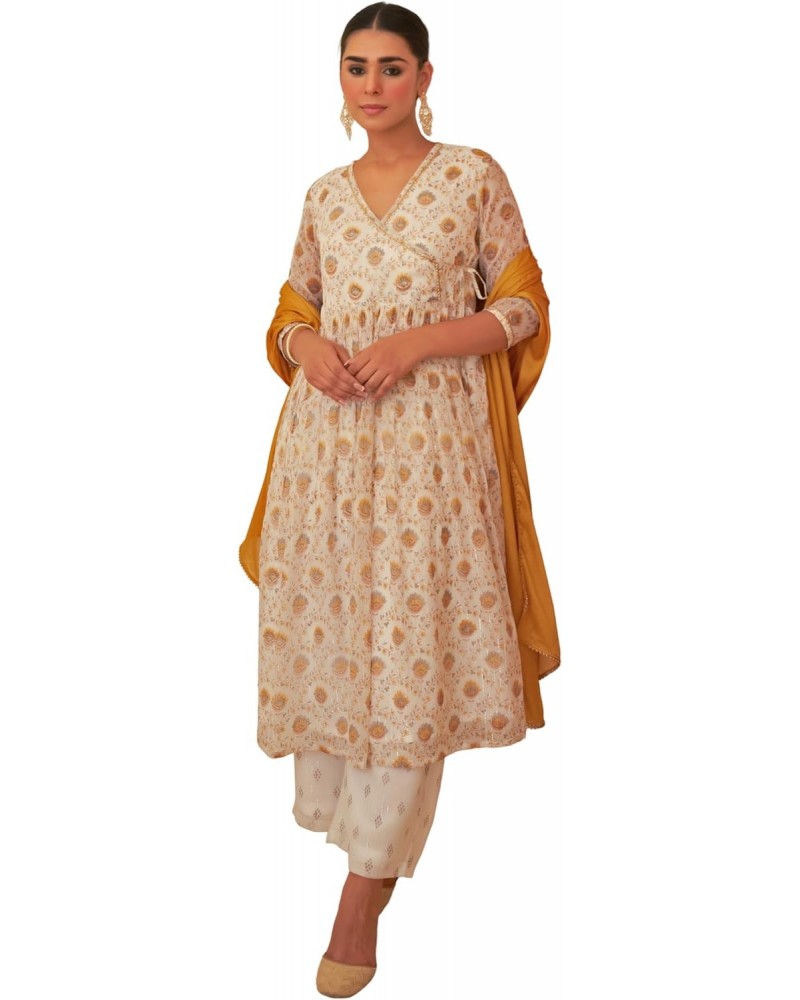 Indian Women's White Chiffon Lurex Floral Printed Kurta with Palazzo and Dupatta $24.80 Tops