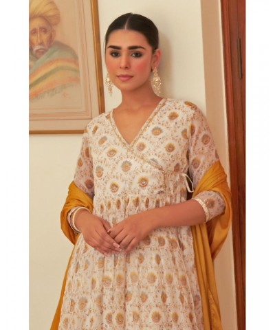 Indian Women's White Chiffon Lurex Floral Printed Kurta with Palazzo and Dupatta $24.80 Tops