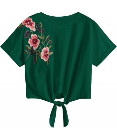 Women's Summer Short Sleeve Crop Top T-Shirt Tie Front Blouse Top Dark Green $14.24 T-Shirts