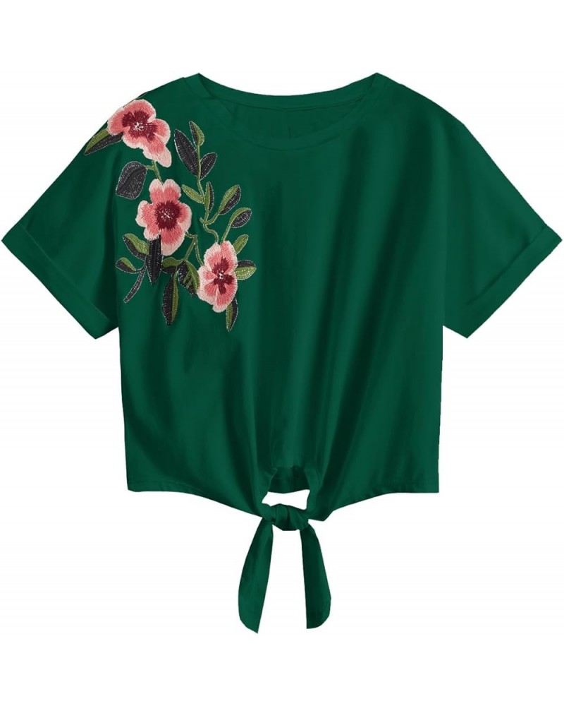 Women's Summer Short Sleeve Crop Top T-Shirt Tie Front Blouse Top Dark Green $14.24 T-Shirts