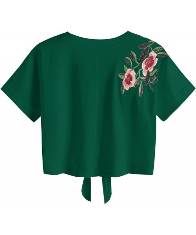 Women's Summer Short Sleeve Crop Top T-Shirt Tie Front Blouse Top Dark Green $14.24 T-Shirts