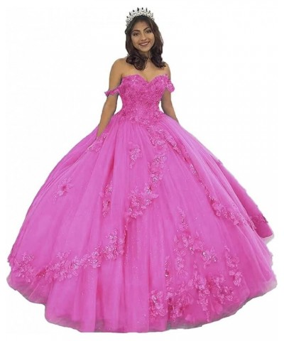 Woman's Off Shoulder Quinceanera Dress 3D Flower Applique Sweet 16 Ball Gowns Glitter Tulle Princess Prom Dress Hot Pink $61....