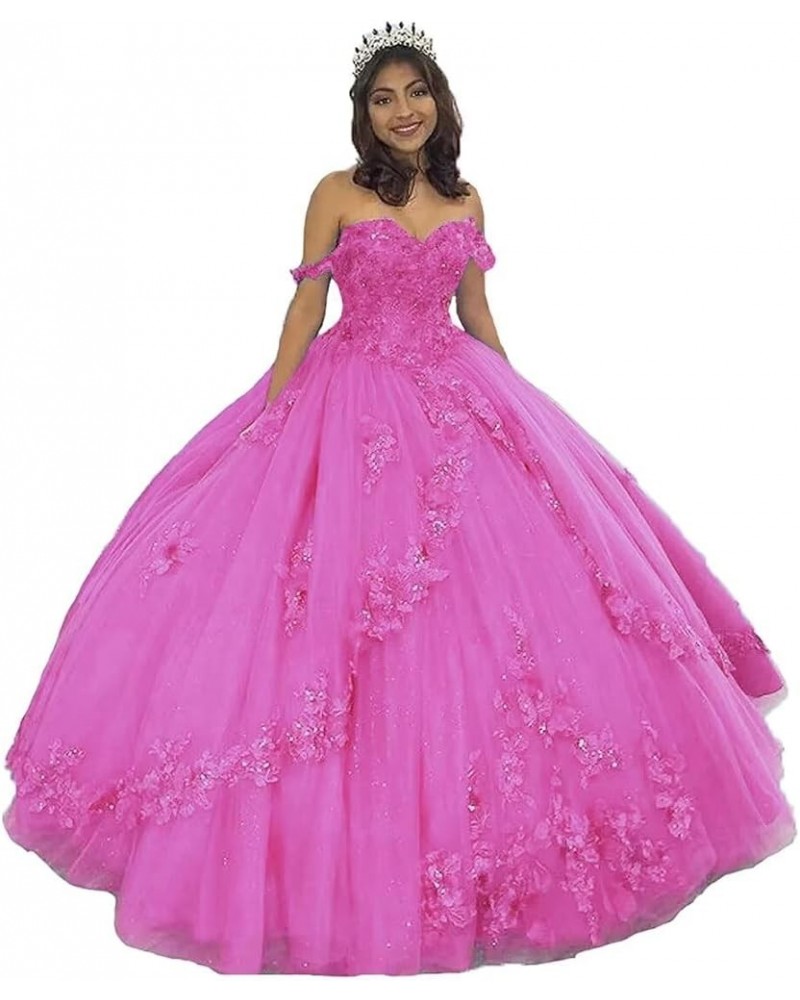 Woman's Off Shoulder Quinceanera Dress 3D Flower Applique Sweet 16 Ball Gowns Glitter Tulle Princess Prom Dress Hot Pink $61....