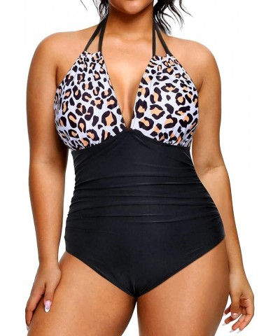 Plus Size Swimsuits One Piece Bathing Suit for Women Tummy Control Sexy Halter Swimwear Black and Leopard $17.67 Swimsuits