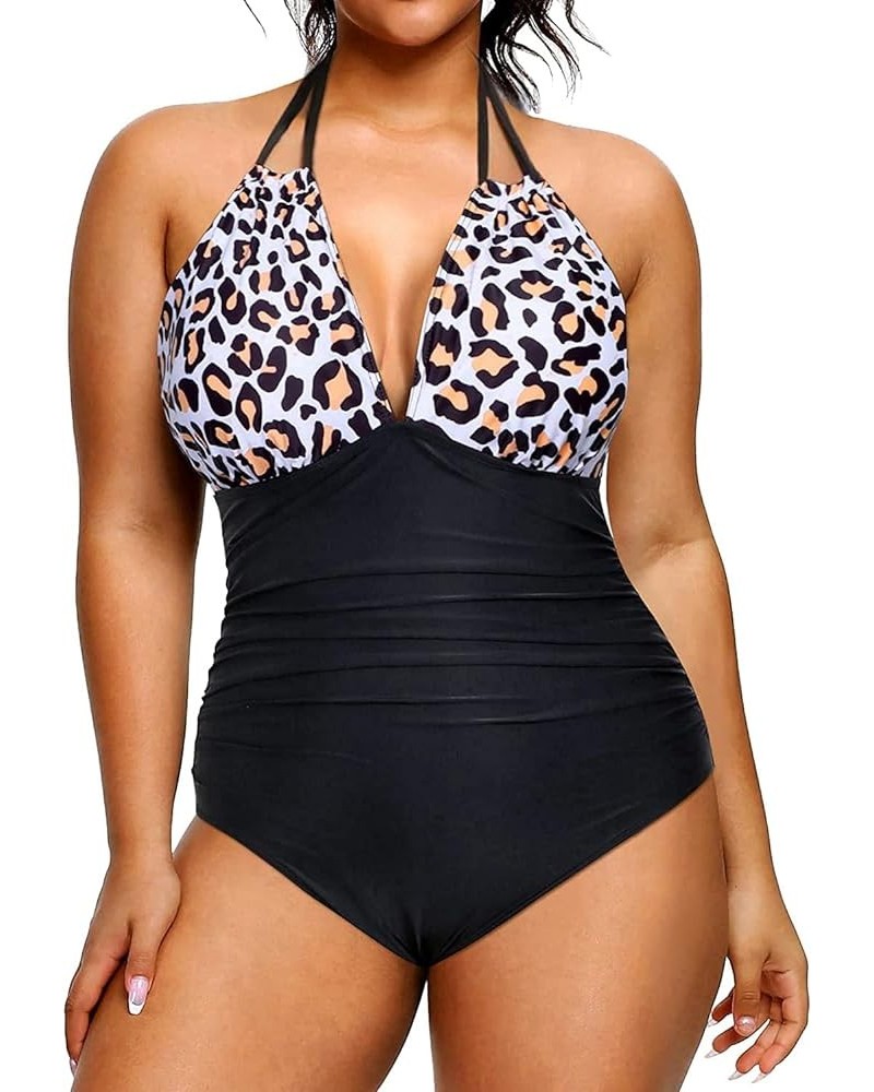 Plus Size Swimsuits One Piece Bathing Suit for Women Tummy Control Sexy Halter Swimwear Black and Leopard $17.67 Swimsuits