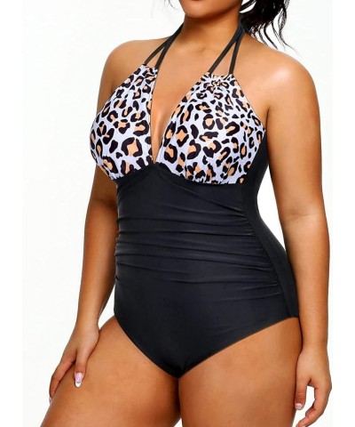 Plus Size Swimsuits One Piece Bathing Suit for Women Tummy Control Sexy Halter Swimwear Black and Leopard $17.67 Swimsuits