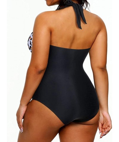 Plus Size Swimsuits One Piece Bathing Suit for Women Tummy Control Sexy Halter Swimwear Black and Leopard $17.67 Swimsuits