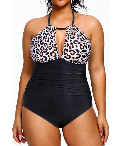 Plus Size Swimsuits One Piece Bathing Suit for Women Tummy Control Sexy Halter Swimwear Black and Leopard $17.67 Swimsuits