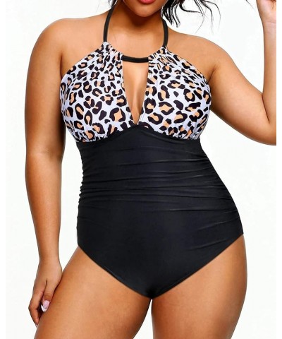 Plus Size Swimsuits One Piece Bathing Suit for Women Tummy Control Sexy Halter Swimwear Black and Leopard $17.67 Swimsuits