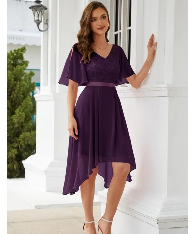 Women's Lace Formal Dresses for Teens Elegant V Neck Flutter Sleeve Hem Asymmetrical Cocktail Prom Dress Grape $28.41 Dresses