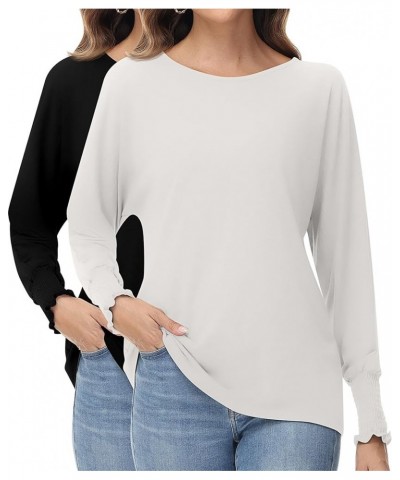 2 Pack Women's Long Sleeve Shirts, Crew Neck Smocked Cuffs Tops Loose Fit Fall Blouses Casual Trendy Tees Black, White $15.59...