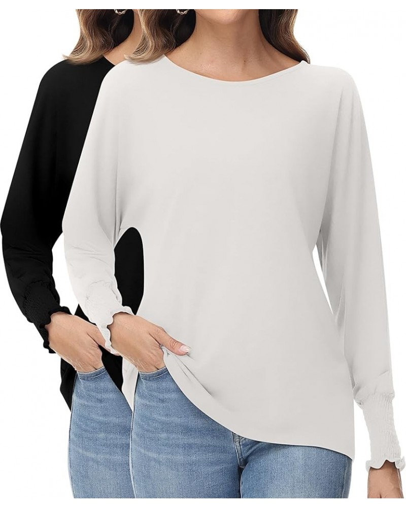 2 Pack Women's Long Sleeve Shirts, Crew Neck Smocked Cuffs Tops Loose Fit Fall Blouses Casual Trendy Tees Black, White $15.59...