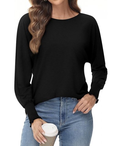 2 Pack Women's Long Sleeve Shirts, Crew Neck Smocked Cuffs Tops Loose Fit Fall Blouses Casual Trendy Tees Black, White $15.59...