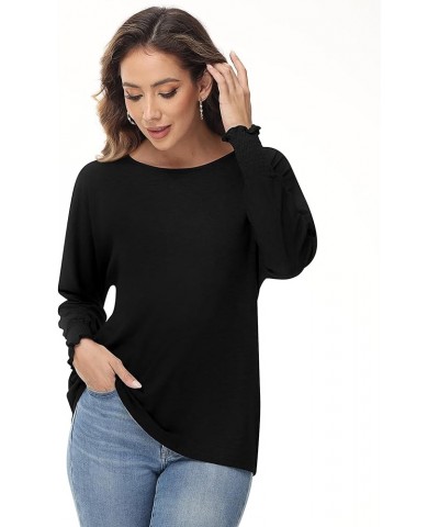 2 Pack Women's Long Sleeve Shirts, Crew Neck Smocked Cuffs Tops Loose Fit Fall Blouses Casual Trendy Tees Black, White $15.59...