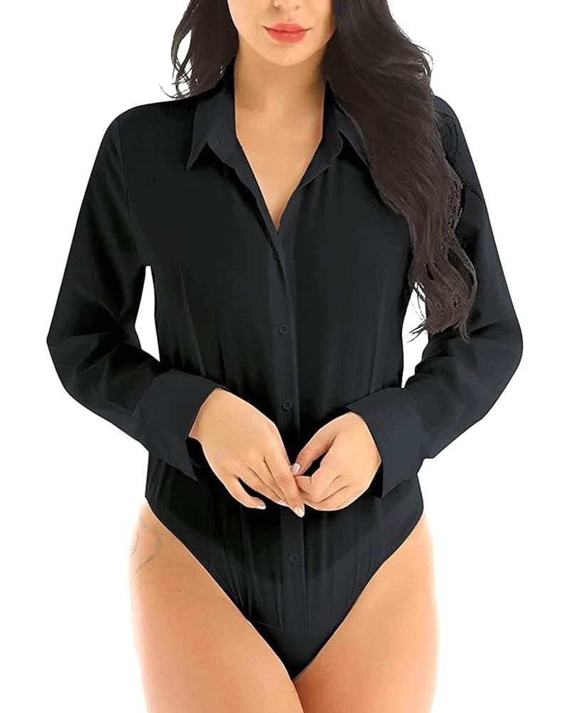 Women's Button Down Collar Neck Long Sleeve Work Bodysuit Leotard Top Black $14.70 Bodysuits