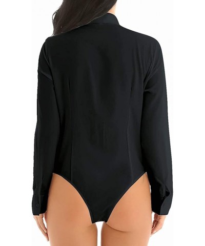 Women's Button Down Collar Neck Long Sleeve Work Bodysuit Leotard Top Black $14.70 Bodysuits