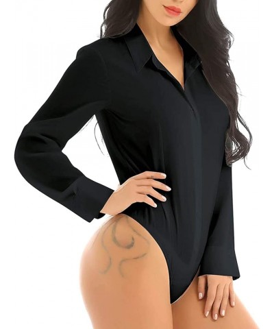 Women's Button Down Collar Neck Long Sleeve Work Bodysuit Leotard Top Black $14.70 Bodysuits