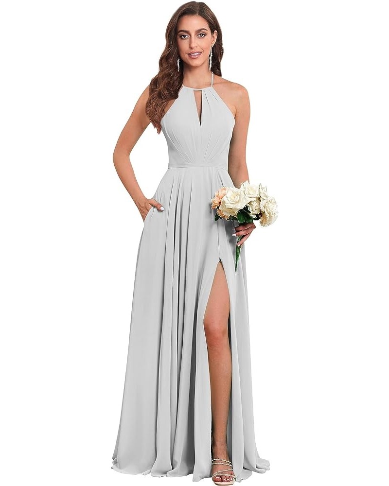 Women's Halter Chiffon Bridesmaid Dresses Long with Pockets Side Slit Pleated Evening Formal Dress Silver $23.00 Dresses