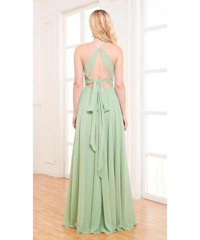 Women's Halter Chiffon Bridesmaid Dresses Long with Pockets Side Slit Pleated Evening Formal Dress Silver $23.00 Dresses