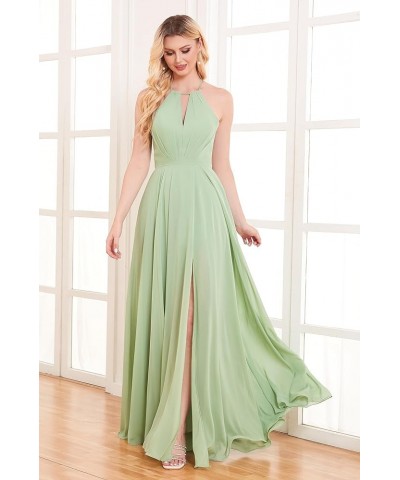 Women's Halter Chiffon Bridesmaid Dresses Long with Pockets Side Slit Pleated Evening Formal Dress Silver $23.00 Dresses