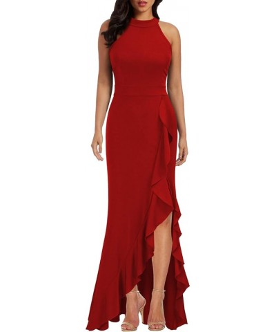 Women's High Neck Split Bodycon Mermaid Evening Cocktail Long Dress Red $26.99 Dresses