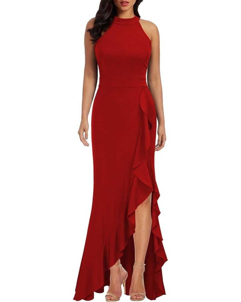 Women's High Neck Split Bodycon Mermaid Evening Cocktail Long Dress Red $26.99 Dresses