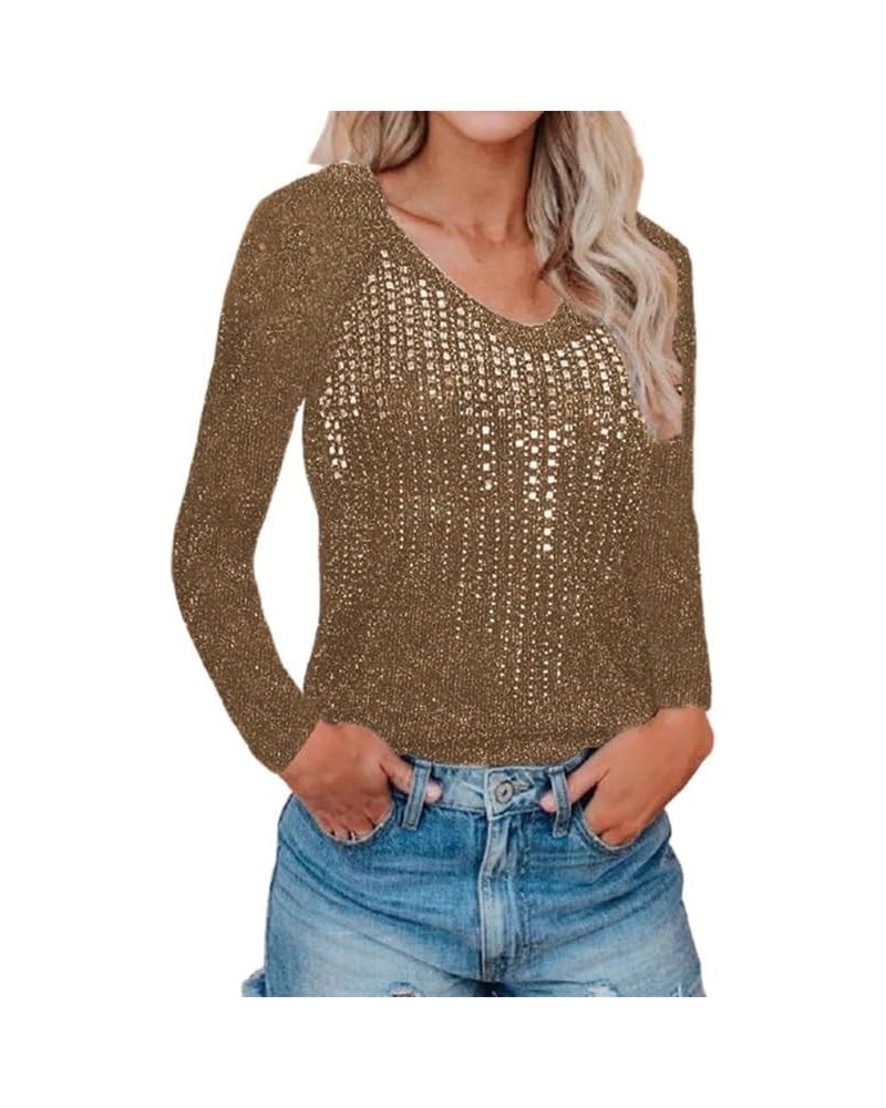 Autumn and Winter Sweater Slim Long Sleeve Nightclub Sequins Knit V-Neck Top for Women (Color : Black, Size : S) Small Brown ...