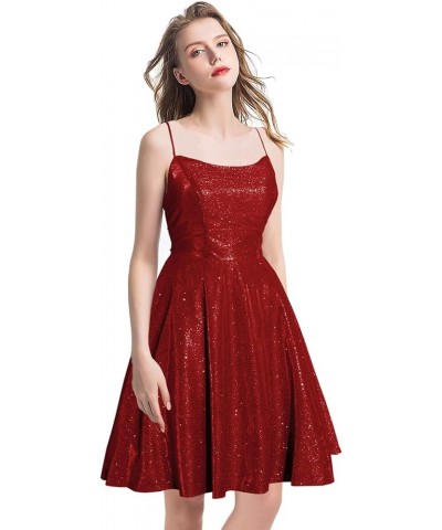 Spaghetti Straps Glitter Short A Line Ball Gown Homecoming Dresses with Pocket Burgundy $15.75 Dresses