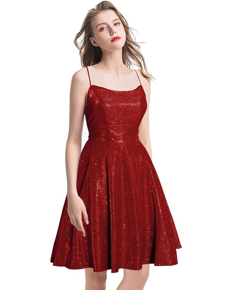 Spaghetti Straps Glitter Short A Line Ball Gown Homecoming Dresses with Pocket Burgundy $15.75 Dresses