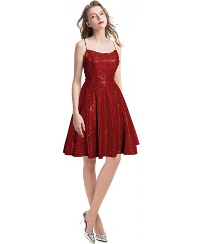 Spaghetti Straps Glitter Short A Line Ball Gown Homecoming Dresses with Pocket Burgundy $15.75 Dresses